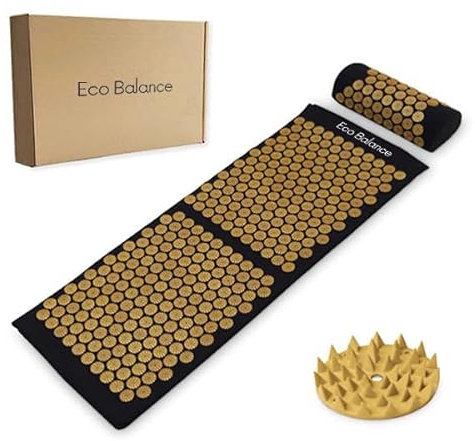Acupressure Mat Black-Gold, perfect for headache, back pain and muscle pain and stress relief. - Gold Eco Balance Acumats Length 110 cm + spiked pillow + Box (made in Europe)