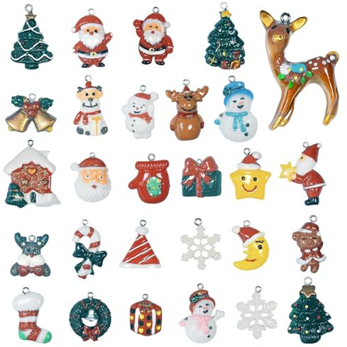 Weihnachtsanhänger Kleine Weihnachtsbaum Anhänger Deko, 28 Stück Mini Anhänger Weihnachten für Adventskalender,Miniatur Weihnachtsbaumschmuck Christbaum Ornament aus Harz,Weihnachtsdeko Figuren