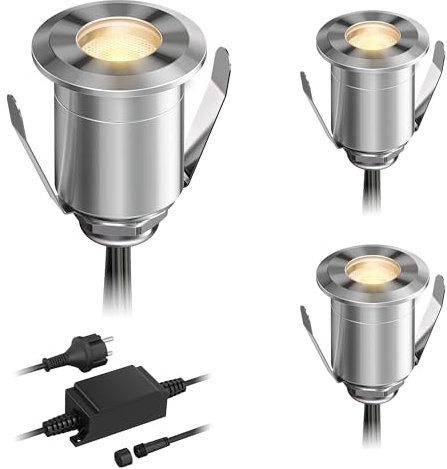 ledscom.de LED Boden-Einbauleuchte BINO für außen, IP67, 32mm Ø, warmweiß, 3er Set