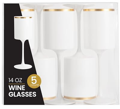 PLASTICPRO 10 Pack Plastic Wine Goblets 14 oz Disposable Wine Glasses with Stem Reusable Hard Plastic Drinking Glasses for Parties Weddings, White with Gold Rim