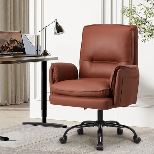 IWMH Bürostuhl, PU Leder Ergonomischer Schreibtischstuhl, Verdickte Kissen Breiten Sitz Chefsessel mit Rollen,90-135° Reclining Drehstuhl Schminktisch Stuhl Höhenverstellbarer mit Armlehne (Braun)