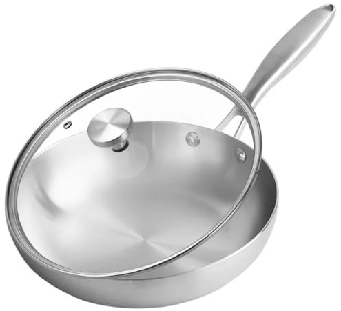 ALZUBAIDI Edelstahl Pfanne unbeschichtet - aus Edelstahl (⌀ 26 cm) oder (⌀ 28 cm) - ofenfest bis 220 Grad - Perfekt für heißes Anbraten, mit Glasdeckel (28 cm)