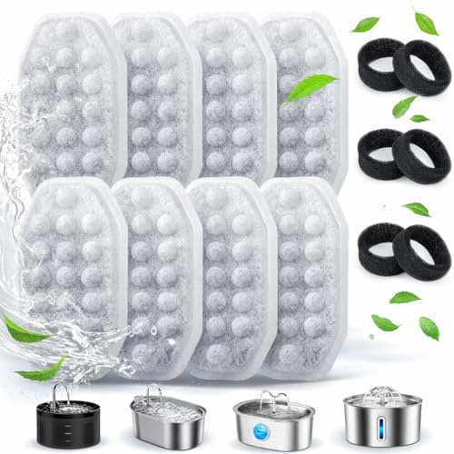 DECOR HUB 8 filter aktivt kol kattfontän + 8 svampar, vattenfilter kompatibel med fontäner 3,2L