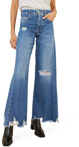 Jyutia Women's High Waisted Wide Leg Jeans Ripped Distressed Frayed Raw Hem Denim Pants 2025 Trendy Mid Blue