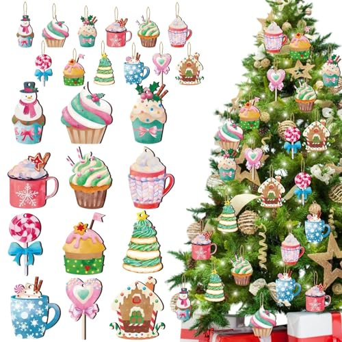 24 Stück Holzanhänger mit Süßigkeiten-Motiven, 8 cm Weihnachtsbaumschmuck, Bunte Holz Weihnachtsbaum Deko Anhänger für Weihnachtsbaum, Winterdekoration und DIY Bastelprojekte