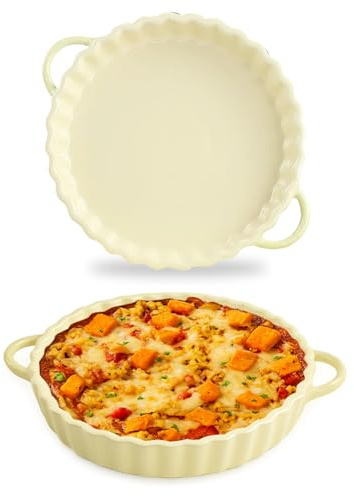 Keramisk kakform med handtag – 25,5 x 21 x 4 cm tårtform av keramik, bakform rund med vågkant, perfekt för paj, quiche och tartes, mikrovågsugnar, diskmaskins- och ugnssäker (beige och gul)