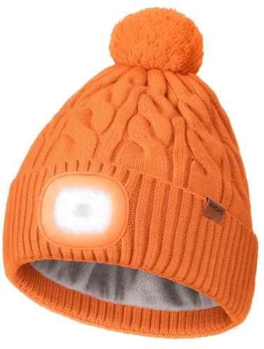 Wmcaps LED Beanie, Type-C Rechargeable with Thermal Fleece Lining Hands-Free Headlamp Light Up Winter Bobble Hat with Pom-Pom for Men and Women, Perfect Christmas Birthday Gift, Orange