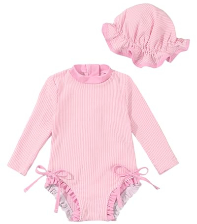 JiAmy Costume da bagno da bambina con cappello da sole, a maniche lunghe, protezione UV, per neonate, costume da bagno, Colore: rosa., 6-12 Mesi