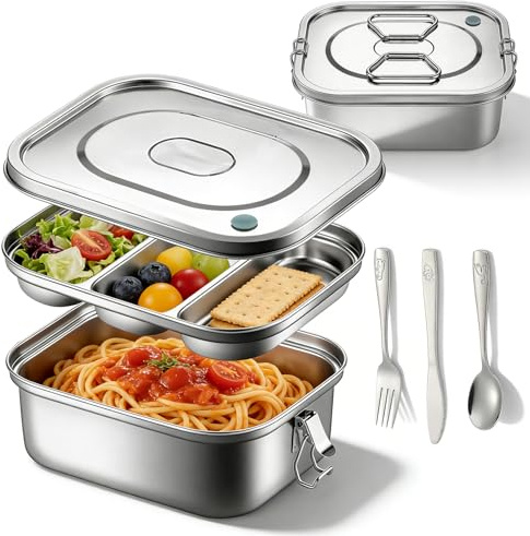 GOEDCH Contenitore per il pranzo in acciaio inox da 1800 ml, doppio contenitore in acciaio inox, con forchetta, coltello, bento a prova di perdite, vassoio con 3 scomparti, contenitore per il pranzo a