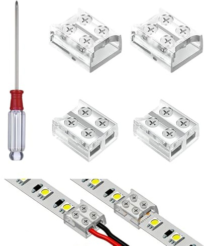 Bgfaquri 4 Conectores Tiras LED 2 Pines 10 mm 5V 12V 24V, 2 Conector Cinta LED a Cinta + 2 Cinta a Cable, Kit de Conectores Leds sin Soldadura con Destornillador, Compatible Tiras LED SMD COB