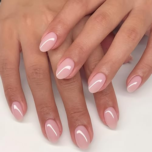 Tupenofif Unghie Finte Adesive, Unghie Artificiali a Mandorla, Rosa Chiaro Nude Tinta Unita, Finitura Lucida per Ufficio e Uso Quotidiano, Set Manicure Autoadesivo 32 Pezzi