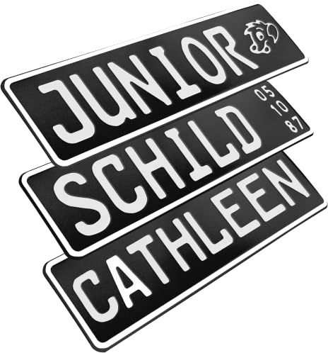 1 Stück Kennzeichen Junior-Schild 34cm x 9cm Bohrung Farbwahl Wunschtext Wunschprägung Muster Datum Namenskennzeichen Bohrung / Saugnäpfen Namensschild Bobbycar Kettcar FUN Schild in Schwarz glanz