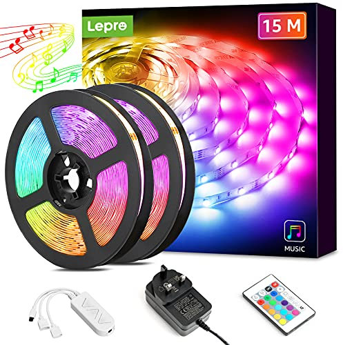 Lepro LED Strip Lights Music Sync 15M (2x7.5M), 5050 RGB Colour Changing LED Strip with Remote and Plug, Dimmable Stick on LED Lights for Bedroom, Kitchen, Party, Teen Girl Kids Room Decor