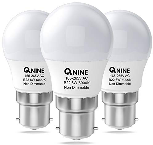 QNINE B22 LED Bulb, Cool White Bayonet Light Bulb, 6W (60W Equivalent), 550lm, B22 LED Golf Ball Bulb, 6000K, Non Dimmable, 3 Pack