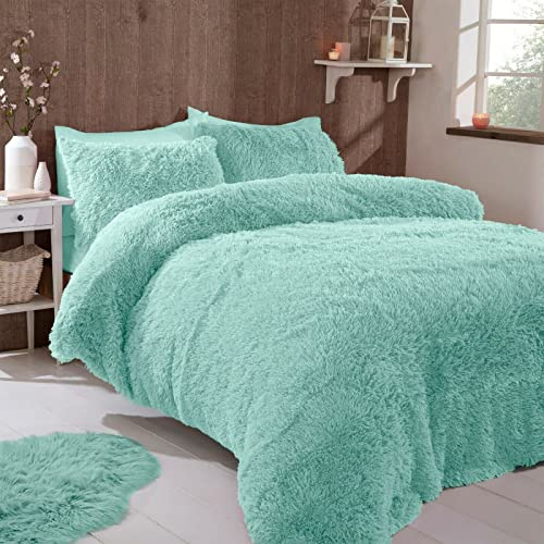 FAUX FUR SHAGGY Long Pile Face, Soft Touch Plush Fleece Reverse, Duvet Cover Set with Pillow Case Thermal Fluffy Winter Warm Cozy Cuddly Bedding Bed Set (Duck Egg Green Blue, King)