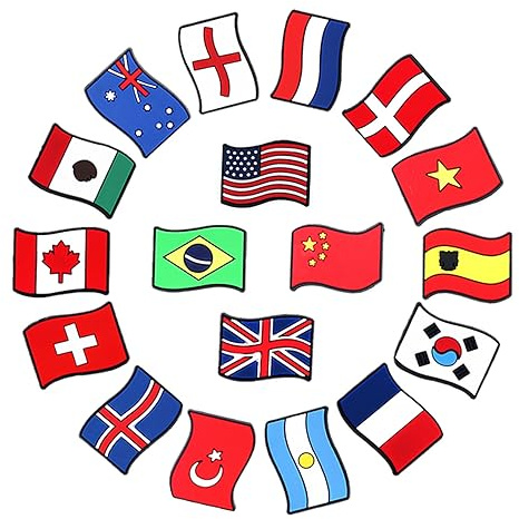 MEUAKOYA 18pcs National Flag Shoe Charms America Canada Brazil Flags Shoe Buckles Decoration Sandals Bracelet Wristband Accessories DIY X-mas Party Gift, Rubber, No Gemstone