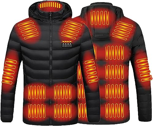 Veste Chauffant pour Hommes Femmes, 19 Zones de Chauffé Manteau Doudoune À Capuche, Électrique USB Vêtement de Chauffage, D'hiver Gilet Chaud Lavable pour Moto Pêche Chasse Ski Camping (Color : Black
