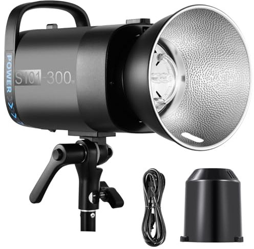 NEEWER S101-300W Stroboskop Blitzlicht mit 9 Stufen, 150W Einstelllampe, Studioblitz 300Ws GN58 5600K Studio Strobe Flash mit Standard Bowens Mount Reflektor, leiser S1/S2 Lüfter für Produktaufnahmen