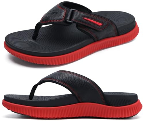 KuaiLu Mens Leather Flip Flops Men's Recovery Walking Sandals Orthopedic Thick Athletic Cushion Sport Slides for Man Outdoor Summer Beach Water Sandles with Comfortable Plantar Fasciitis Arch Support