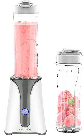 Batidora de vaso portatil GRUNKEL de 350 W, mini batidora smoothie con jarra de plástico de 750 ml, incluye 2 botellas portátil de 750 ml, 4 cuchillas extraíbles, acabado acero inoxidable.