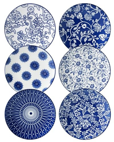 Cerkik Ceramic Dessert Plates Set - 15.2 cm Small Appetizer Plates for Kitchen - Salad Plate for Cake Snacks Side Dish, Microwave Dishwasher Safe, Gift, Vintage Blue