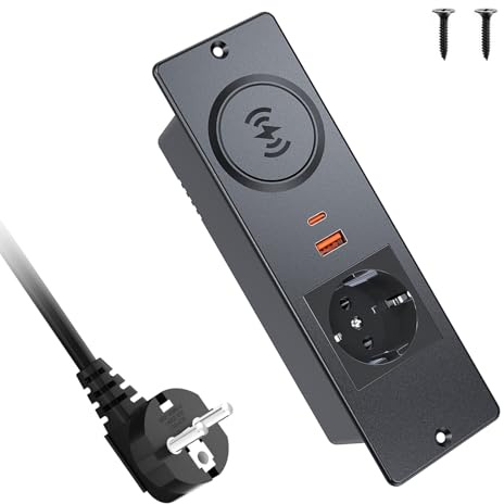 Einbausteckdose mit 15W Kabelloses Ladegerät, Haiaoyyds Steckdosenleiste Versenkbar mit 2 USB (20W), 2m Kabel, Tischsteckdose für Konferenztisch, Arbeitsplatte, Sofatisch, Schwarz