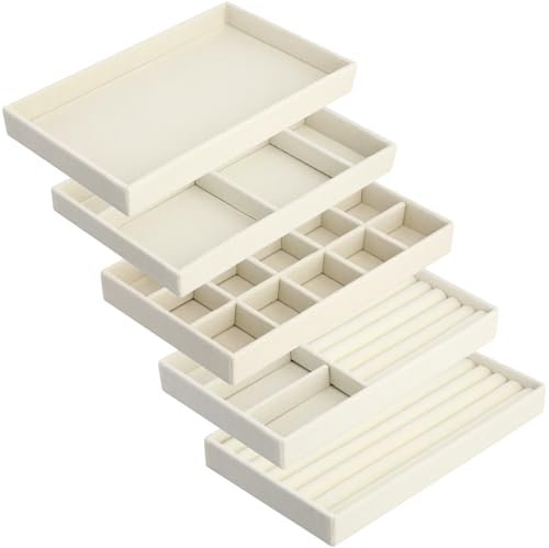 QWORK® 5 Pack Jewelry Trays Organizer, Velvet Jewellery Tray, for Earring, Ring, Necklace and Bracelet Display, Beige