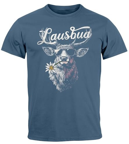 Neverless® Herren T-Shirt Trachtenshirt Hisch Alpen Edelweiß Schriftzug Lausbua Bayern Dialekt Fashion Denim Blue XL