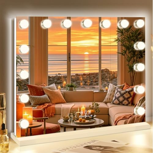 FENCHILIN Hollywood Espejo con RGB Espejo de Maquillaje con Iluminación con 15 Regulable 3 Modos de Luz Hollywood con Iluminación 10x Aumento HD Vidrio Templado Blanco 58 cm x 46 cm