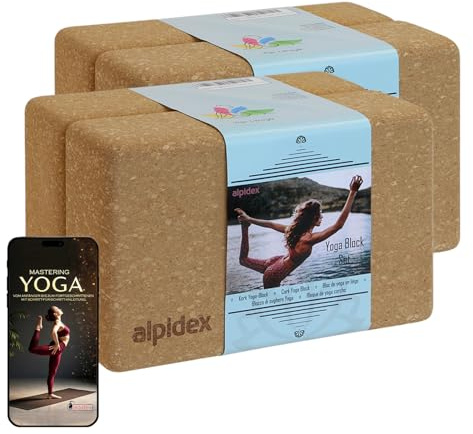 ALPIDEX Yogablock 2er | 4er Set inkl. E-Book mit 100 Übungen ökologisch nachhaltig Naturkork Korkblock Yoga Block Blöcke | 7 Jahre Garantie auf Material* - 4 Stück