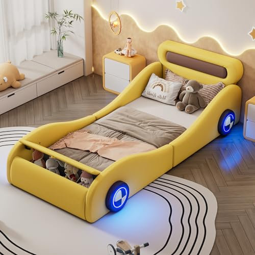 Moimhear Letto imbottito, 90 x 200 cm, letto singolo, letto per bambini, letto per ragazzi, letto imbottito a forma di auto con ruote luminose e spazio di archiviazione, PU, senza materasso, giallo