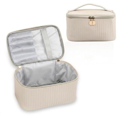 21.5*14.5*15.5cm Bolsa de Cosméticos de Viaje Bolsa de Maquillaje para Mujer e Niña neceser Maquillaje Amplia Bolsa de Aseo y Maquillaje Bolsa de Lavado de Apertura Ancha Neceser Viaje Mujer(Beige)
