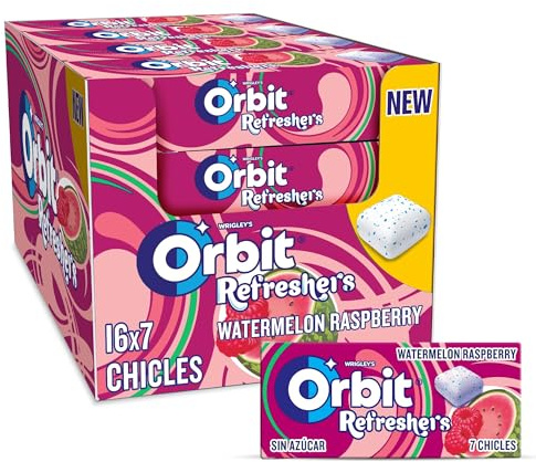 Orbit Refreshers Chicles sin azúcar sabor sandía y frambuesa, 16 paquetes de 7 unidades