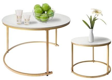 G-LEAF Set mit 2 Runden Beistelltischen/Satztische-Weißes Marmor Tischplatte & Goldener Metallrahmen | Modernes Nesting Couchtische für Wohnzimmer, Schlafzimmer, Dekoration (Ø 70cm/Ø 50cm)