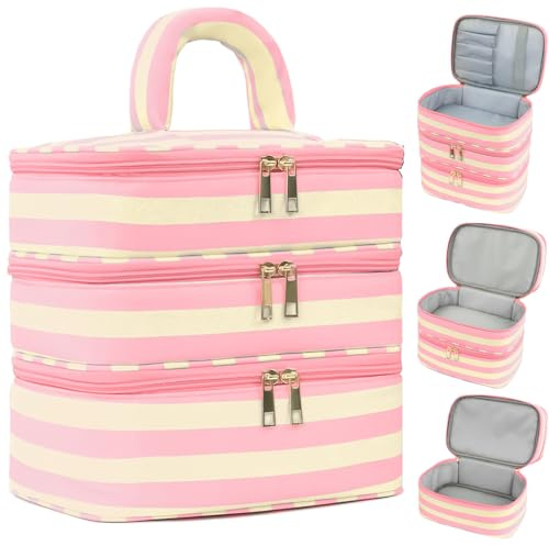 Apxouans Three Layer Makeup Bag for Women Fashion Stripes Cosmetic Bag Preppy Style Travel Water-Resistant Toiletry Bag for Storage Toiletries Cosmetics Sets for Women Teen Girls Pink