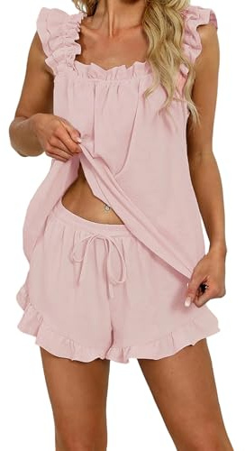 Lshyuehao Women 2 Piece Pajama Sets Sleeveless Ruffle Tank Top and Shorts Pjs Sets Nightwear Lounge Bridal Pajama Sleepwear Set