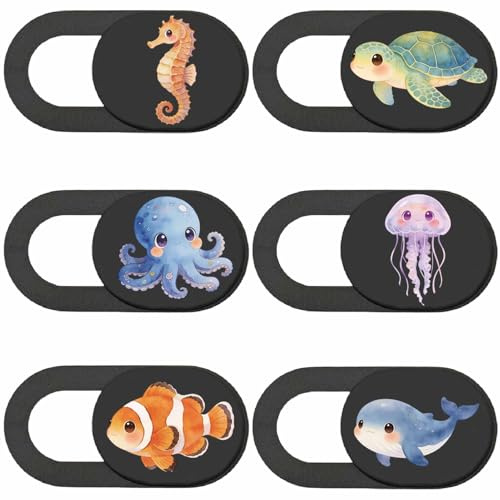 PRESSINART 6Pcs 6 Styles Cache Caméra Océan Coulissant Mignon Accessoires de Confidentialité, Cache Webcam Ultra Fin 0,04 Pouce Protecteur Bloqueur pour PC Bureau Tablette Ordinateur Portable Mini PC