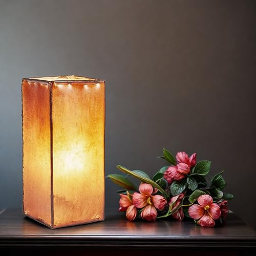 Lámpara de mesa oriental Janka de 30 cm, de piel, cuadrada, pequeña lámpara de mesa marroquí, de metal, pantalla de piel, decoración oriental de Marruecos, color marrón