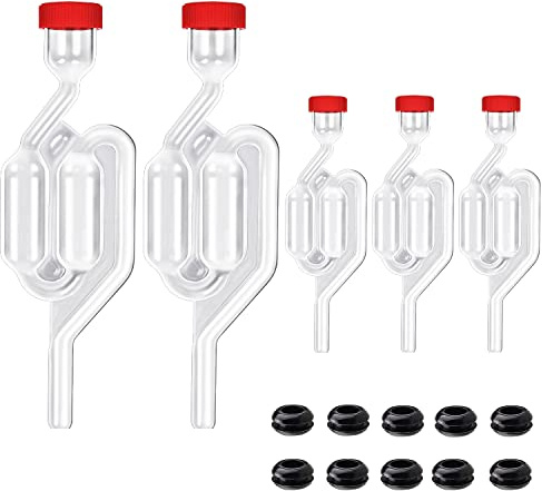Zazolyne 5Pack Fermentation Airlock,Twin Bubble Fermenting Improved High Transparency S Shape with 10pcs Grommets Drilled 3/8’’ Hole