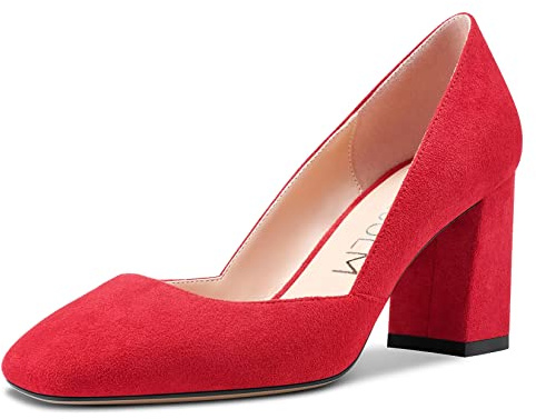 HDEUOLM Femmes Bloc Chunky Mi Talon Heel Carré Bout Escarpins Slip-on Mariage Bureau Classique 7.5 CM Heels Chaussures Rouge 38 EU
