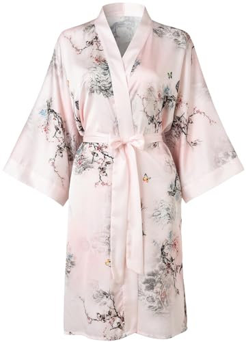 Ledamon Peignoir kimono court pour femme – Peignoir floral à poche pour femme, rose clair, Taille unique