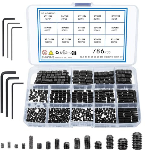 KOXXIAMOQ 786 Pcs Grub Screws Assorted, M2.5 M3 M4 M5 M6 M8 Carbon Steel Metric Cup Point Grub Screws for Door Handles, Hex Head Socket Screw Set Mixed(786)