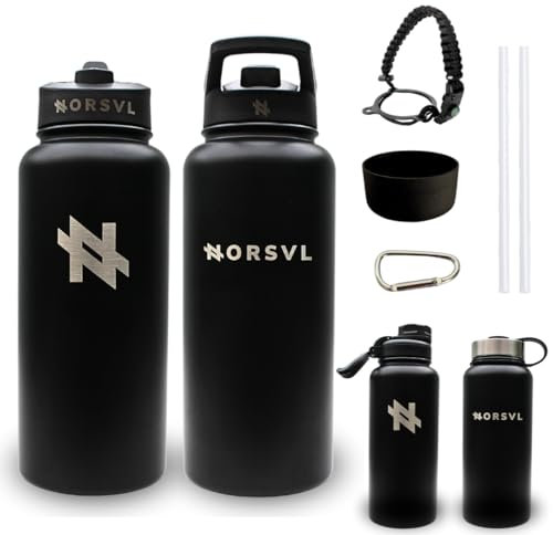 NORSVL Premium Stainless Steel Insulated Water Bottle 1L, Double Wall Vacuum Insulated Bottle, Sports Water Bottle, Hot & Cold Vacuum Flask, with 3 Lids, Paracord Handle, Bumper - Abyss Black
