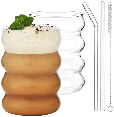 ALINK Juego de 2 vasos acanalados de tamaño grande con pajitas de cristal, 530 ml, vasos de café helado, vasos de agua, vasos largos para cóctel, agua, soda, regalo