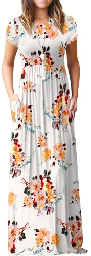 GRECERELLE Womens Maxi Dress Summer Casual Ladies Short Sleeve Crew Neck Long Dresses with Pocket for Daily, Holiday, Travel, Maternity (Camellia White, 3XL)