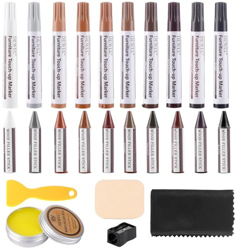 DEWEL Kit Riparazione Parquet, 10 Pennarello per Legno, 10 Ritocco Legno Cera Stick e 25g di Olio di Cera per Legno per la Riparazione di Macchie, Graffi e Fori nei Mobili in Legno (25 Pezzi)