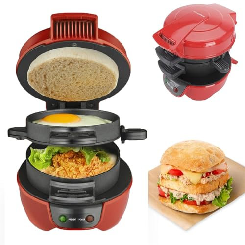 Máquina para Sándwiches de Desayuno, Máquina Eléctrica Sntiadherente de Aluminio para Hamburguesas, Sandwichera a La Parrilla, Lista en 5 Minutos (Rojo)
