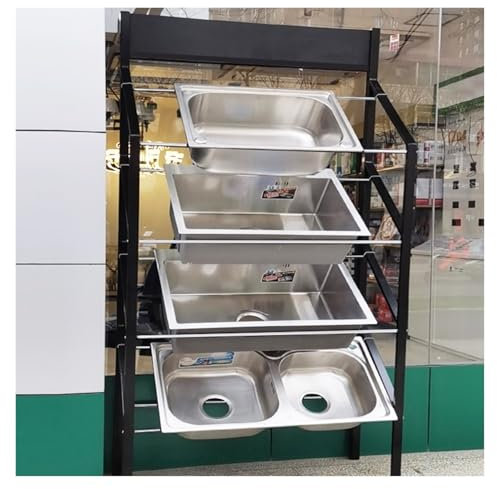 ZJKXJH Large 4-layer Wash Tub Stand Metal Washbasin Organizer, Single Double Slot Sink Storage Shelf with Wheels, Washing Hand Basin Sample Display Rack Adjustable Width(W/wheels)