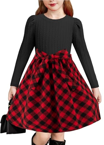 Arshiner Robe à Manches Longues Bouffantes pour Filles, Tricot côtelé, à Carreaux, Patchwork, décontractée, Princesse, Robe de soirée Automne-Hiver avec Poches pour Enfants de 4 à 14 Ans | Robe à manches longues pour fille - Manches bouffantes - Tricot côtelé - À carreaux - Patchwork - Robe festive - Pour