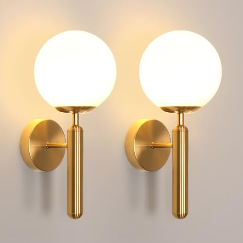 DELIPOP 2 Pezzi Applique da Parete Interno Oro, E27 Lampada da Parete Moderna con Paralume in Vetro Bianco, Applique Camera da Letto per Soggiorno Corridoio Cucina Caffè Ristorante